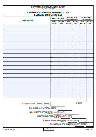 Engineering Change Proposal Cost Estimate Support Sheet