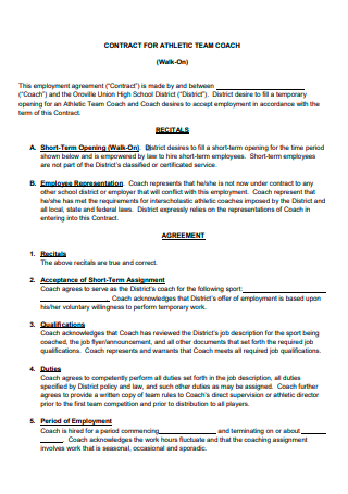 High School Athletic Team Coach Contract
