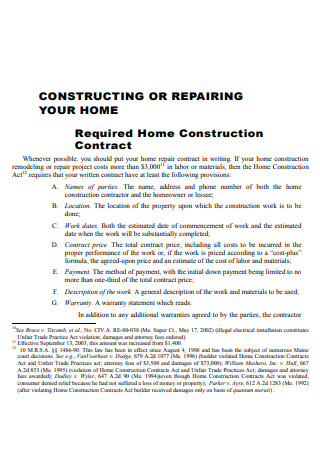 Home Repair Required Construction Contract