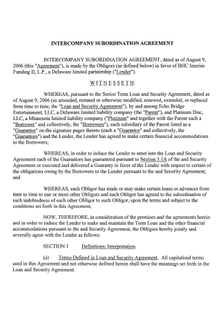 Inter Company Subordination Agreement