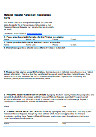 Material Transfer Agreement Registration Form