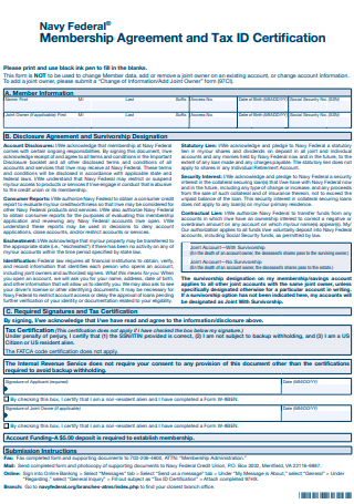 Membership Agreement and Tax ID Certification