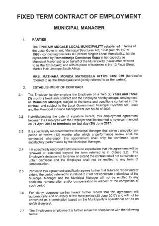 Municipal Manager Employment Contract