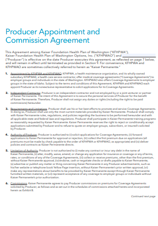 Producer Appointment and Commission Agreement