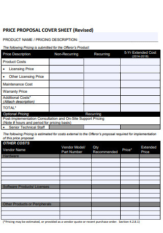 Product Price Proposal Cover Sheet