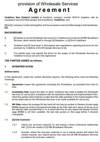 Provision of Wholesale Services Agreement