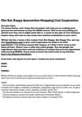 Quarantine Grocery Fresh Shopping List