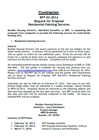 Residential Painting Services Contractor Request For Proposal