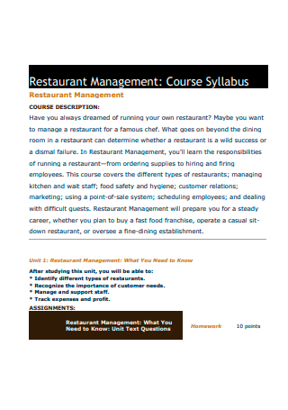 Restaurant Management Plan Example