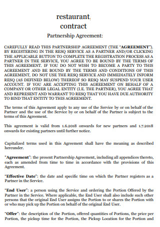 Restaurant Service Partnership Contract