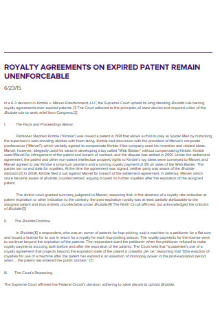 Royalty Agreement Expired Patent