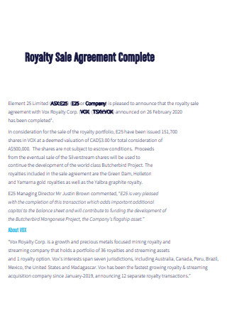 Royalty Sale Agreement Complete