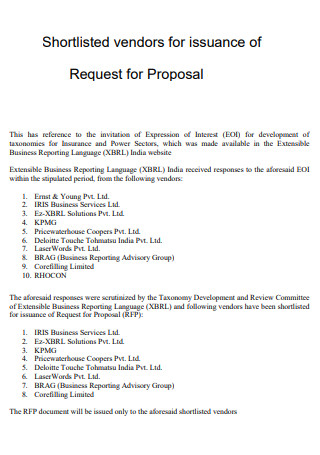 Shortlisted Vendors Request for Proposal