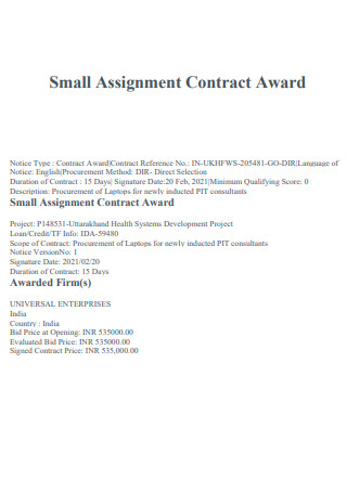 Small Assignment Contract Award