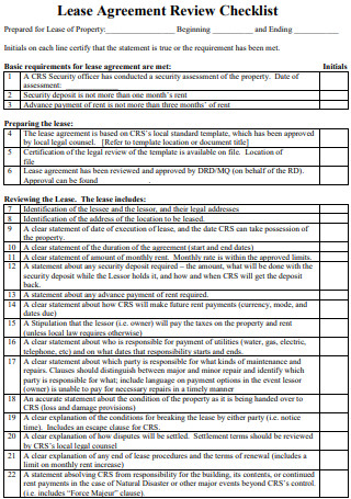 Standard Lease Agreement Review Checklist