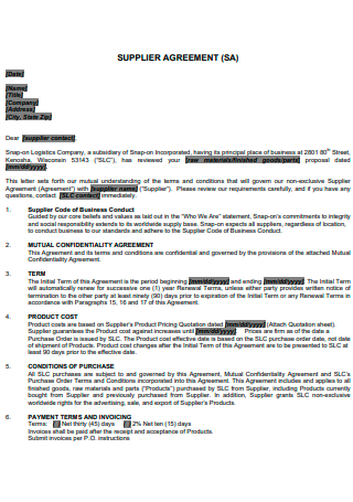 Supplier Agreement in PDF