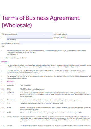 Terms of Business Wholesale Agreement