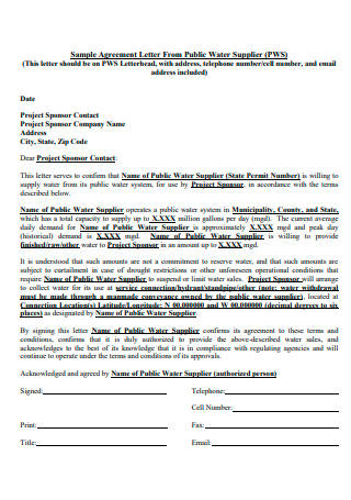 Water Supplier Agreement Letter