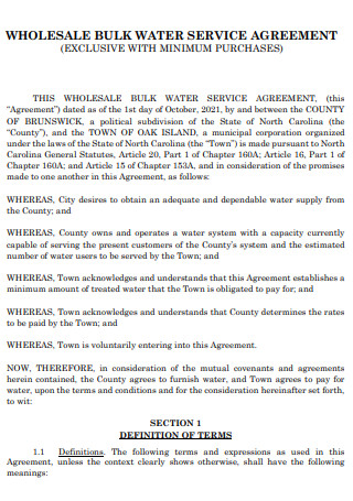Wholesale Bulk Water Service Agreement