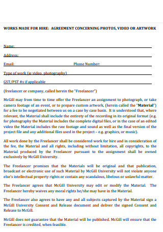 Work for Hire Agreement Concerning Photos