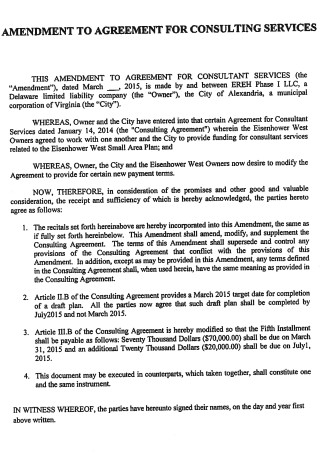Amendment to Agreement for Consulting Service