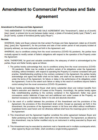 Amendment to Commercial Purchase and Sale Agreement