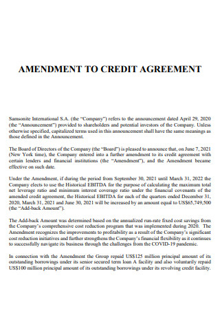 Amendment to Credit Agreement