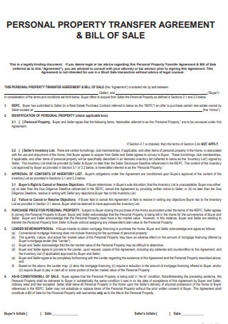 Bill of Sale Personal Property Transfer Agreement