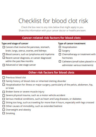 Blood Clot Risk Checklist