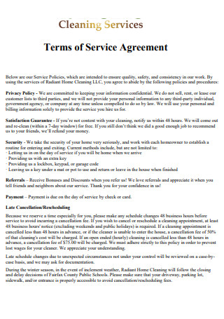 Cleaning Terms of Service Agreement