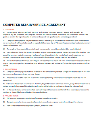 Computer Repair Service Agreement