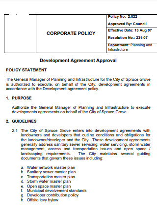 Corporate Development Agreement Approval