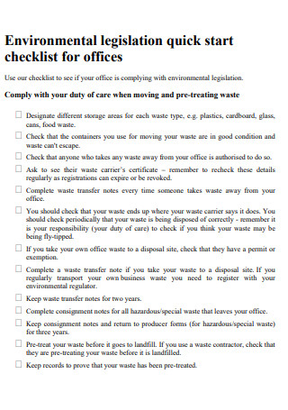 Environmental Legislation Office Checklist