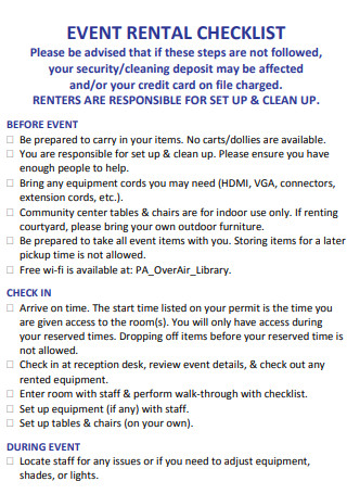 Event Rental Checklist