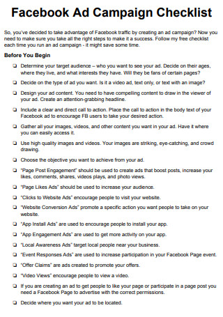 Facebook Ad Campaign Checklist