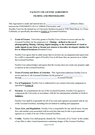 Fliming and Photography Facility License Agreement