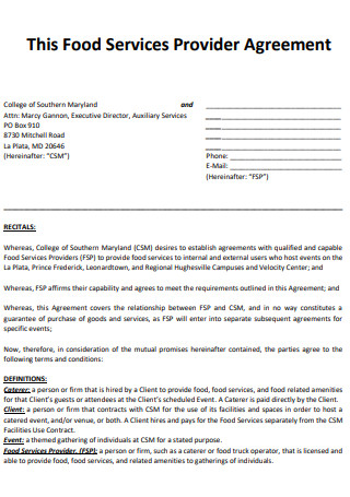 Food Services Provider Agreement