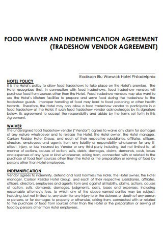 Food Waiver and Indemnification Agreement