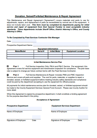 Forfeited Maintenance and Repair Agreement