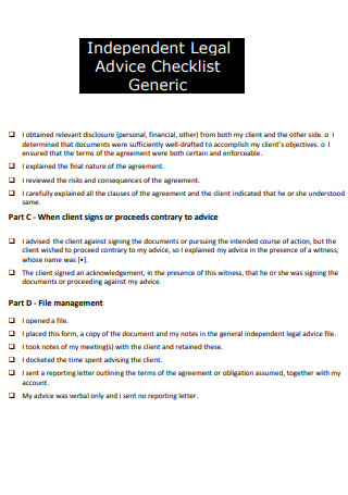 Independent Legal Advice Checklist Generic