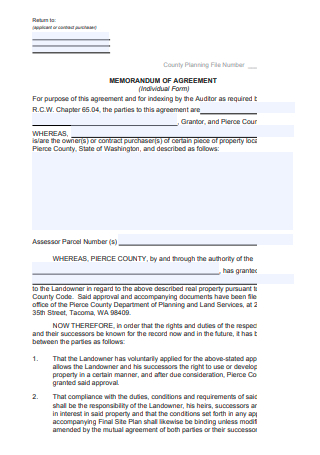 Individual Form Memorandum of Agreement