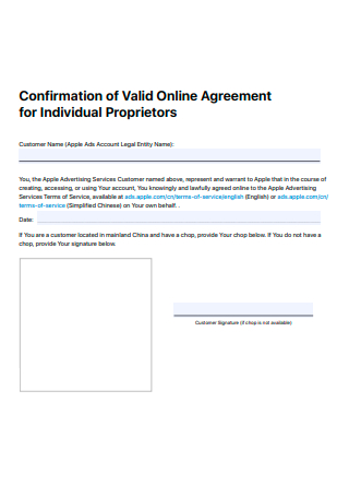 Individual Proprietors Confirmation of Valid Online Agreement