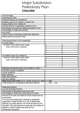 Major Subdivision Preliminary Plan Checklist