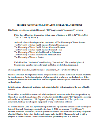 Master Investigator Research Agreement