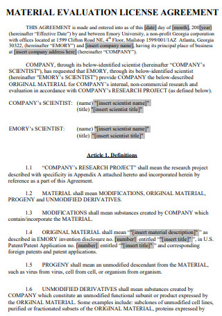 Material Evaluation License Agreement