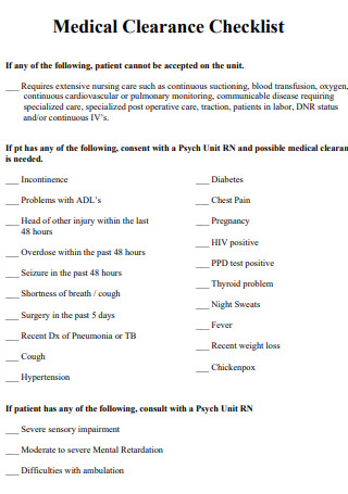 Medical Clearance Checklist