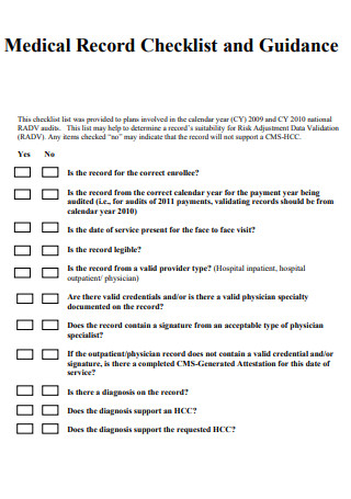 Medical Record Checklist and Guidance