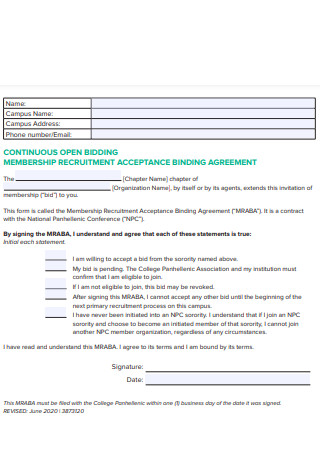 Membership Recruitment Acceptance Binding Agreement