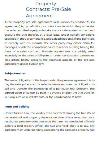 Property Contract Pre Sale Agreement