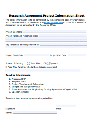 Research Agreement Project Information Sheet